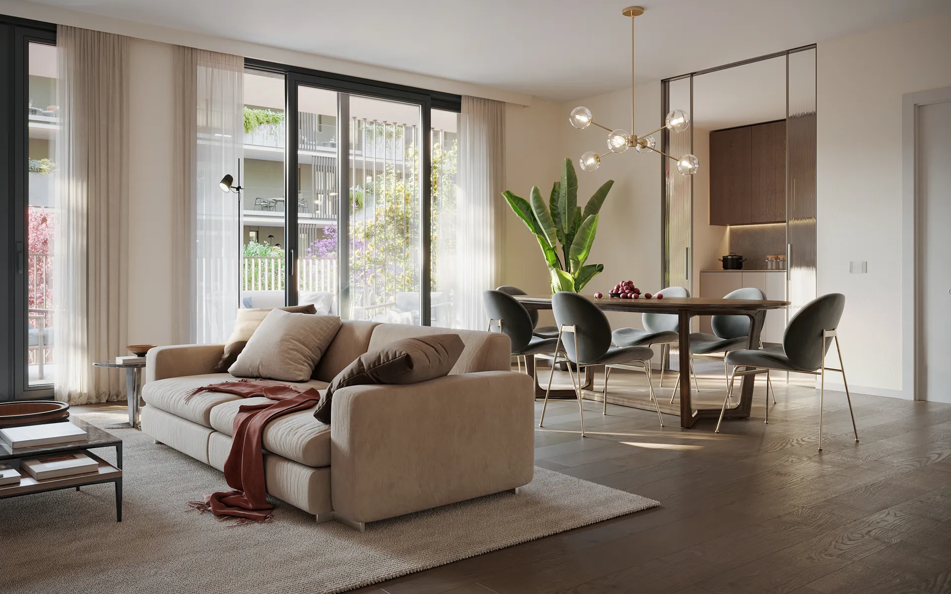 Interno luminoso con ampie vetrate e terrazza verso giardino privato